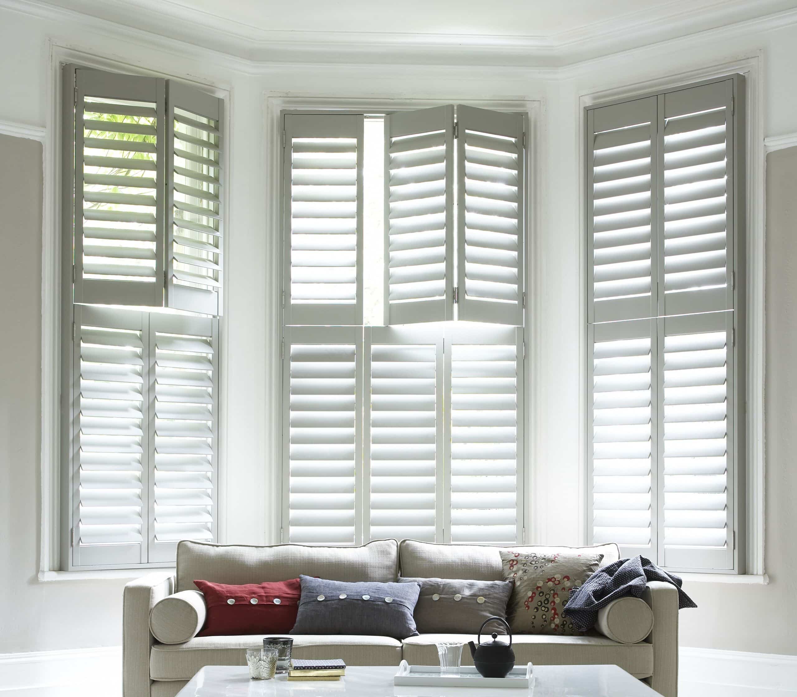 Paulownia Tier on Tier Grey White Lounge Straight on scaled Blinds, Shutters & Awnings Warwickshire - Shady Blinds & Shutters Nuneaton